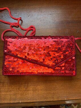 Red Sequin Envelope Clutch w/ Braided Cord Strap 8” x 4” x 1.25”  Evening Bag